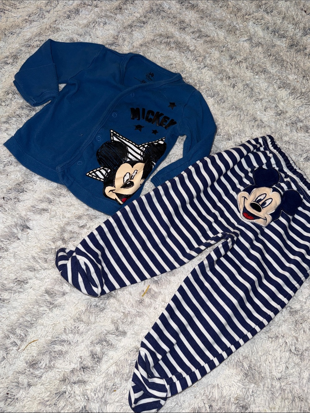 6-9m Vintage Disney Mickey Mouse Navy Blue Baby Set - Top & Striped Footed Pants